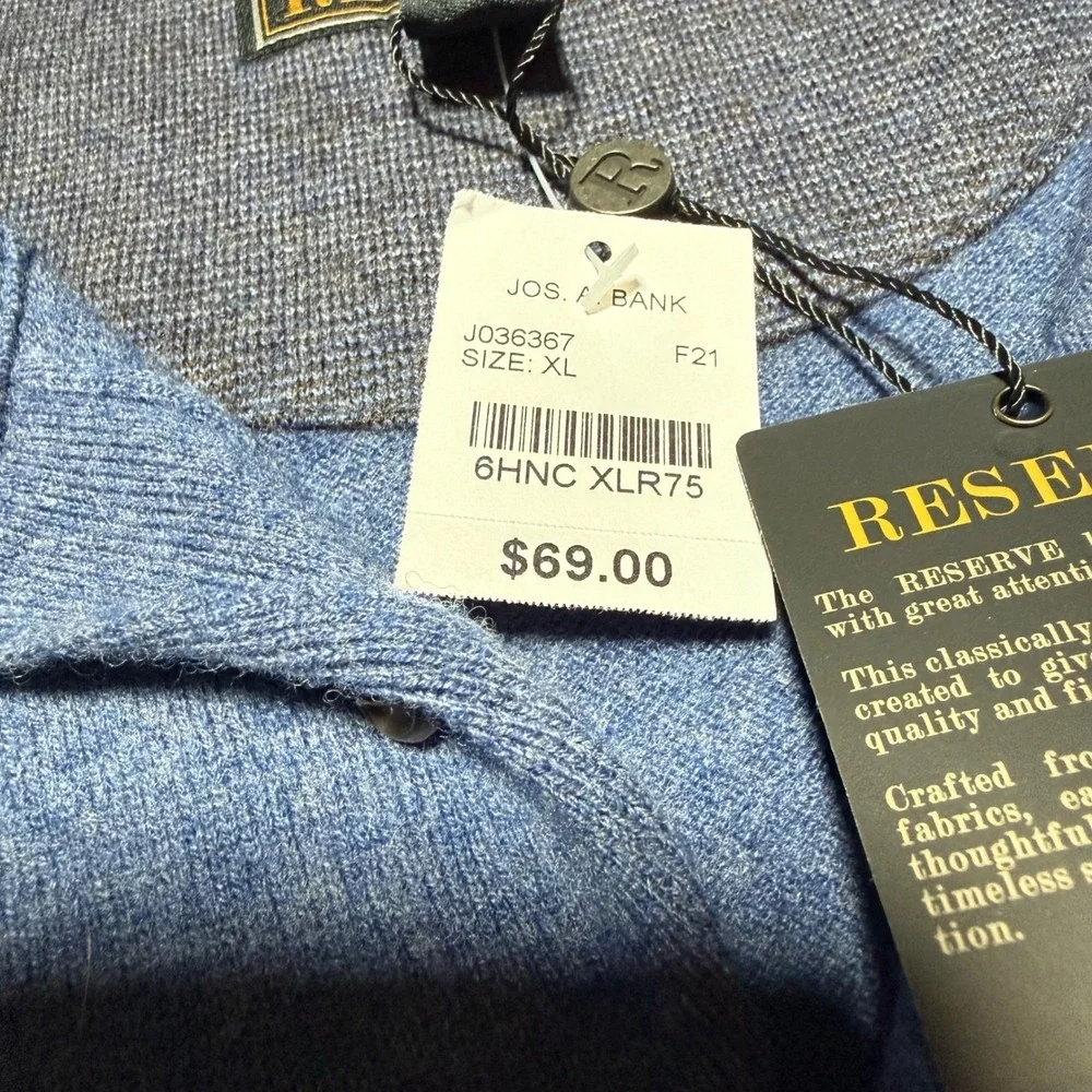 Jos. A. Bank Reserve Sweater Mens XL Blue Wool‎ Blend Polo Collar Pocket J036367